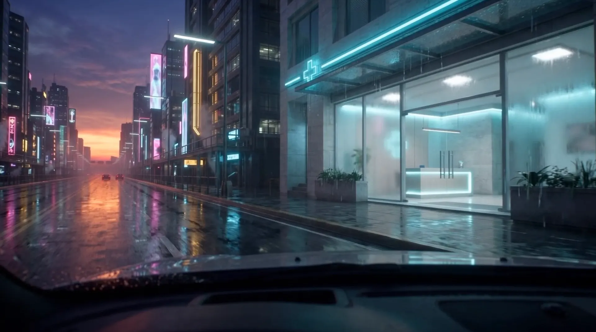 A lit clinic frontage behind glass on a wet street, a cyan cross above the door and planters along the kerb.