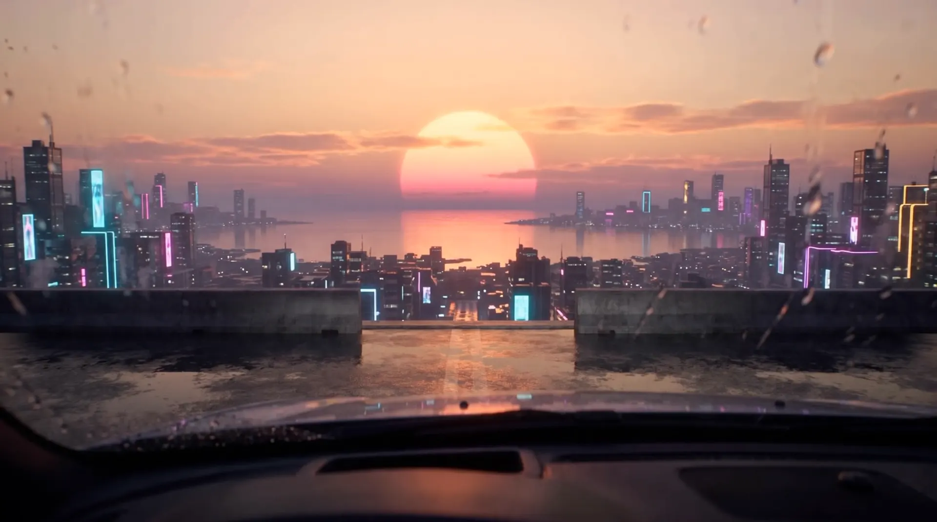 An overlook above the city with the sun going down over the bay, rain beading on the windscreen.