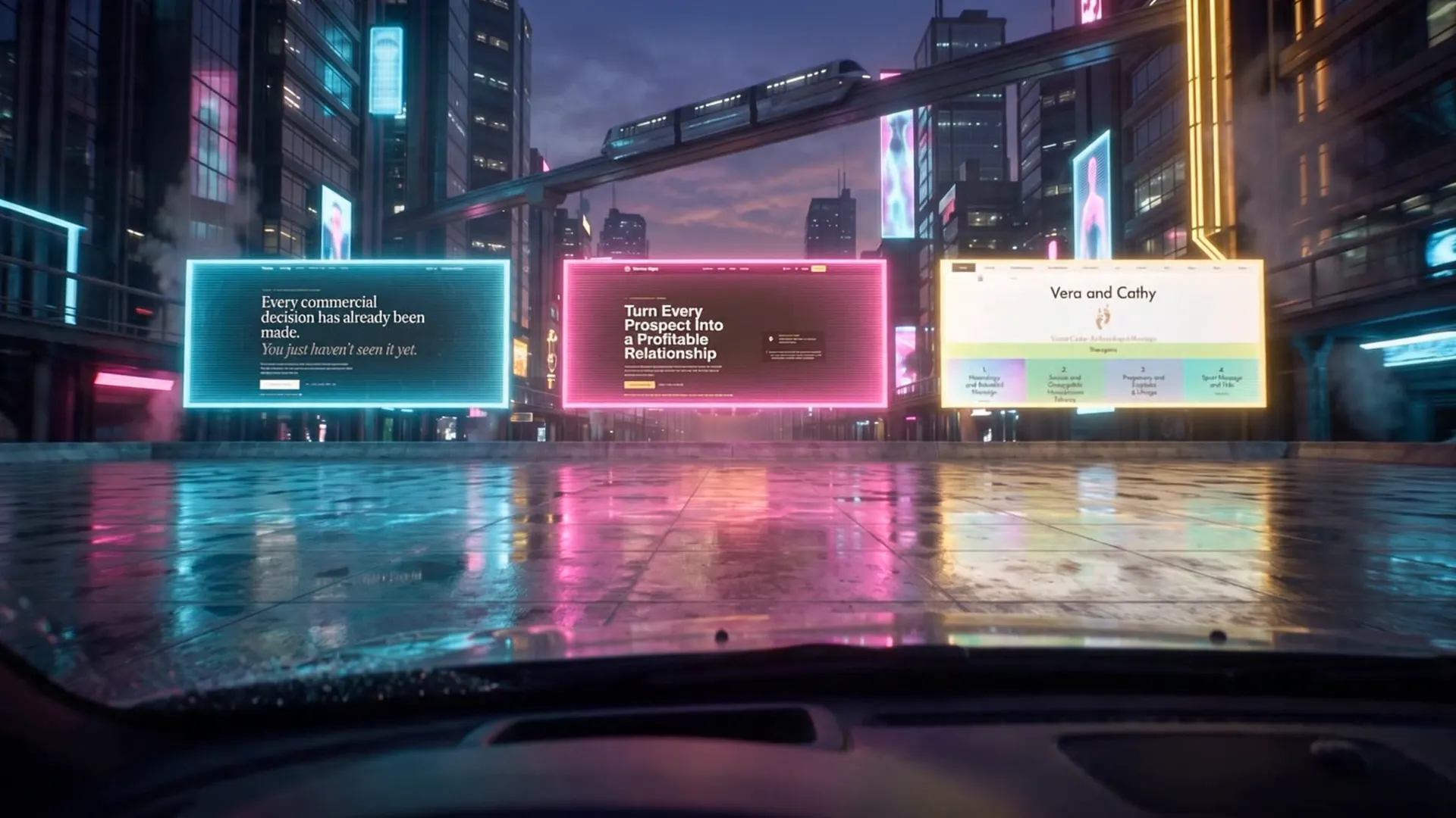 Three lit billboards across a plaza in cyan, magenta and gold, their light spread over standing water.